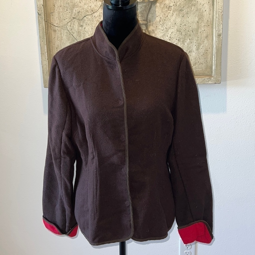 Evan Picone wool blend jacket blazer brown red interior snap on closure Sz 12